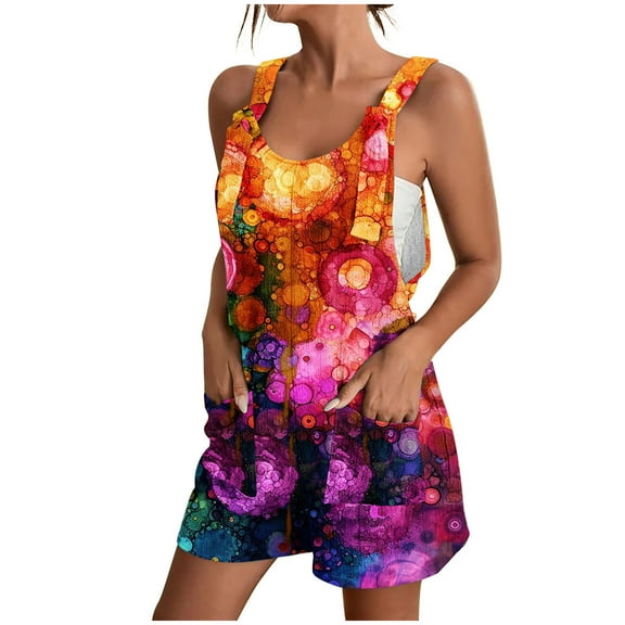 Nrmvnmi Summer Short Rompers for Women 2024 Casual Loose Printed Sleeveless Tie Knot Strap Jumpsuits Wide Leg Overalls with Pockets Multicolor MMothers Day Gifts