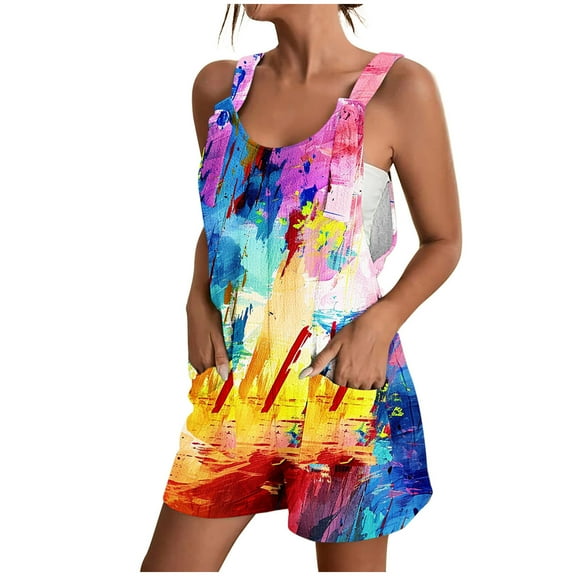 Nrmvnmi Summer Short Rompers for Women 2024 Casual Loose Printed Sleeveless Tie Knot Strap Jumpsuits Wide Leg Overalls with Pockets Multicolor XLMothers Day Gifts