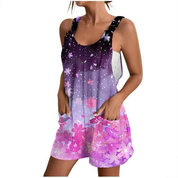 Nrmvnmi Summer Short Rompers for Women 2024 Casual Loose Sleeveless Floral Tie Knot Strap Jumpsuits Wide Leg Overalls with Pockets Hot Pink XLMothers Day Gifts