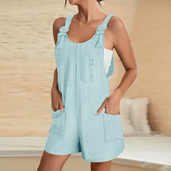 Nrmvnmi Summer Short Rompers for Women 2024 Casual Loose Sleeveless Tie Knot Strap Jumpsuits Wide Leg Overalls with Pockets Sky Blue 2XLMothers Day Gifts