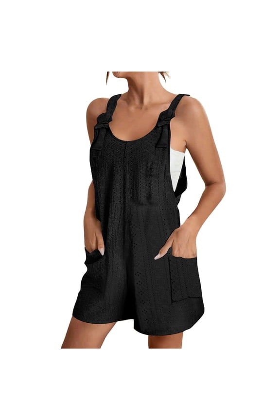 Summer Short Rompers for Women 2024 Casual Loose Sleeveless Tie Knot Strap Jumpsuits Wide Leg Overalls with Pockets Black SMothers Day Gifts
