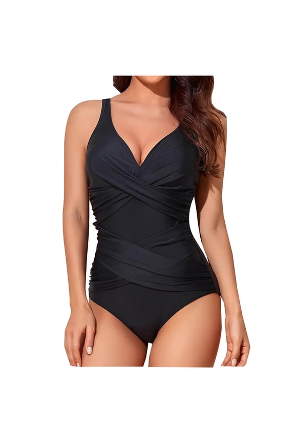 Swimsuits For Women Slimming One Piece Bathing Suit Modest Padded Ruched Push Up Long Torso Curvy V Neck Shapewear Criss Cross Swimming Full Coverage Swimwear Black-S Mothers Day Gifts