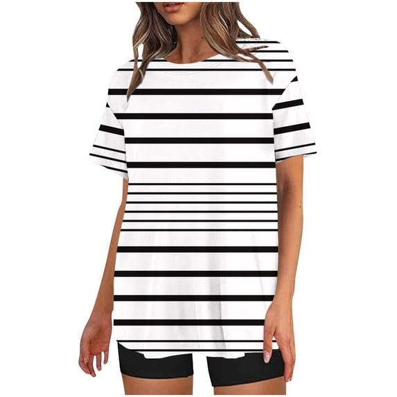 Nrmvnmi T Shirts Short Sleeve Striped Prints Round Neck Tees for Women Fashion Tops Trendy Lightweight Soft Casual Summer Outfits Clothes 2024