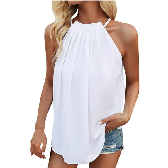 Nrmvnmi Tank Tops for Women Sleeveless Round Neck Tops Casual Pleated Double Layers Chiffon Blouse Shirts For Mothers day gifts