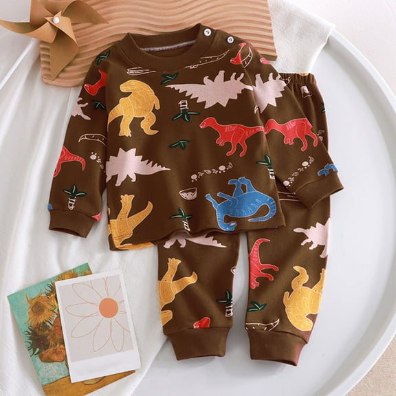 Nrmvnmi Toddler Baby Boy Girl Clothes Sleepwear T shirt Sets Cute Dinosaur Print Crew Neck Long Sleeve Button Tops And Elastic Waisted Pants 2PCS Summer Autumn Baby Outfit Set Sweatsuit