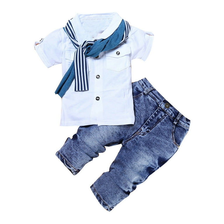 Nrmvnmi Toddler Baby Boys Denim Outfits Short Sleeve White Shirts+