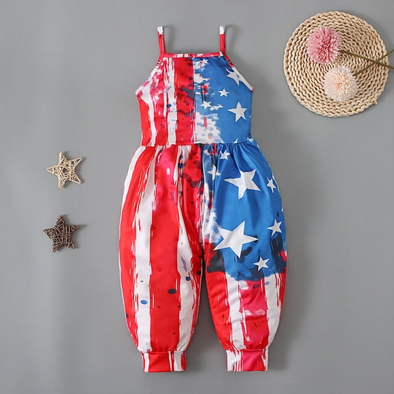 Nrmvnmi Toddler Baby Girl 4th of July Jumpsuit Star Stripe Suspender Sleeveless One Piece Cotton Bodysuit Backless Overalls With Pockets For 1-5 Years
