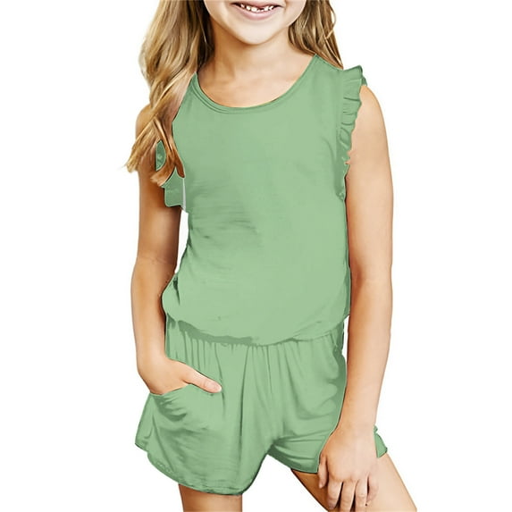 Nrmvnmi Toddler Baby Girl Comfortable Summer Solid Color Round Neck Sleeveless Stretchy T-shirt + Shorts With Pockets 2 Piece Set.