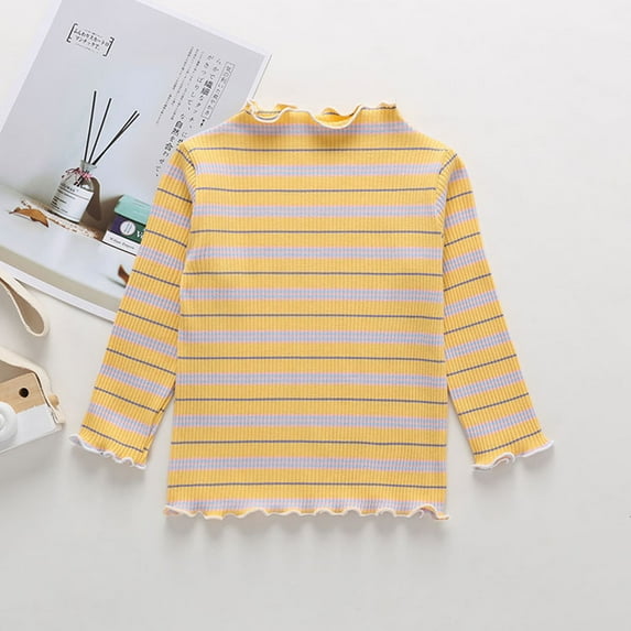 Nrmvnmi Toddler Baby Girls Long Sleeve Horizontal Striped Yellow T Shirt Casual Lettuce Trim Ribbed Knit Pullover Blouse Top Comfortable Clothings For Wearing Outside