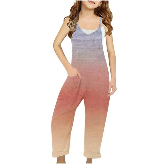 Nrmvnmi Toddler Baby Girls Rompers Sleeveless Fashion Gradient Color Jumpsuit With Pockets Wide Leg Pants Tank Jumpsuit Kids Baby Clothes Cute Halter Jumpsuits For 5-14 Years