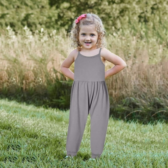 Nrmvnmi Toddler Baby Girls Solid Color Cotton Blend Jumpsuit One Piece Romper Sleeveless Strap Summer Outfits Clothes