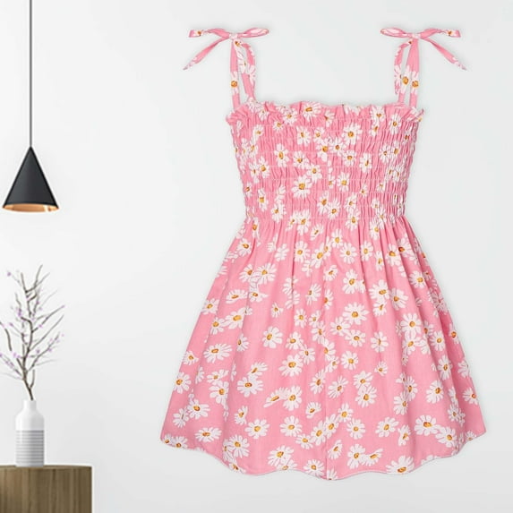 Nrmvnmi Toddler Baby Girls Summer Dress Spaghetti Strap Sleeveless Daisy Print Casual Cotton Dresses Beach Holiday Dress For 6 Months -3 Years