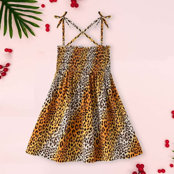 Nrmvnmi Toddler Baby Girls Summer Dress Spaghetti Strap Sleeveless Leopard Print Casual Cotton Dresses Beach Holiday Dress For 1-6 Years