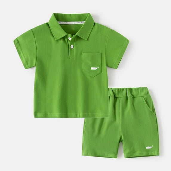 Nrmvnmi Toddler Boy Clothes Kids Summer Outfit Solid Color Short Sleeve Button T-shirt Tops + Elastic Waist Shorts 2 Piece Cotton Set For 3-8 Years