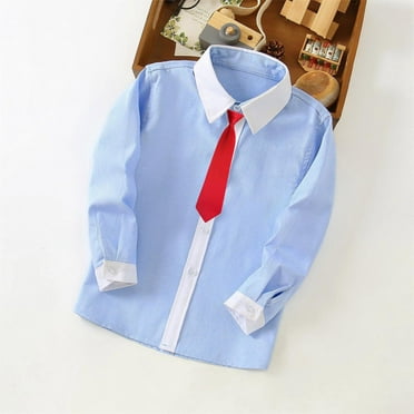 Nrmvnmi Toddler Boys Button Down Shirt Flip Collar Color Blocking Long Sleeve School Uniform Dress Shirt Solid Color Tie Set Casual Spring And Autumn Shirt For Baby Boy Kids