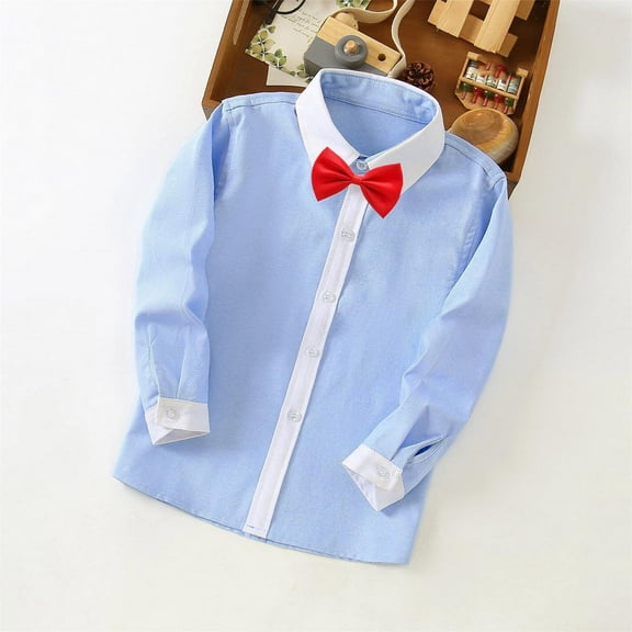 Nrmvnmi Toddler Boys Button Down Shirt Flip Collar Color Blocking Long Sleeve School Uniform Dress Shirt Bow Tie Set Casual Spring And Autumn Shirt For Baby Boy Kids