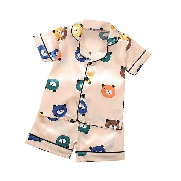Nrmvnmi Toddler Boys Girls Casual Summer Set Cute Bear Print Short Sleeve Turndown Neck T-shirt Tops Elastic Waist Shorts 2 Pcs Loose Home Clothing Pajamas Set