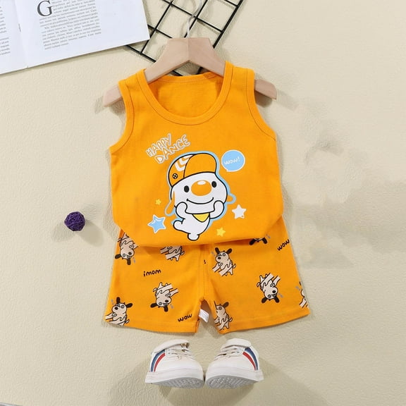 Nrmvnmi Toddler Boys Girls Orange Summer Casual Suit Cute Puppy Print Sleeveless Round Neck Tank Top Elastic Waist Shorts 2 Pcs Cotton Set For 6 Months-6 Years