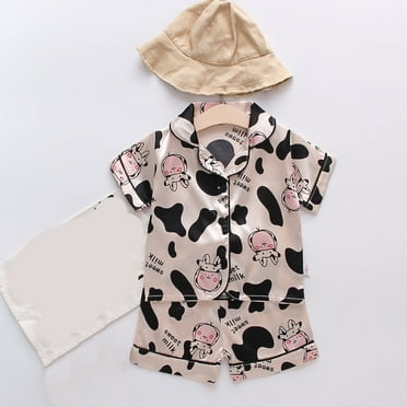 Nrmvnmi Toddler Boys Girls Pajamas Set Cute Cow Print Short Sleeve Turndown Neck T-shirt Tops   Elastic Waist Shorts 2 Pcs Loose Home Clothing Pajamas Set