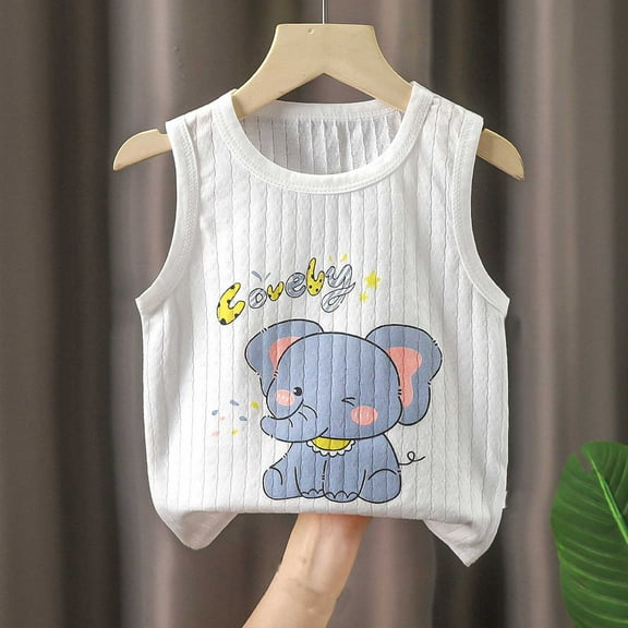 Nrmvnmi Toddler Boys Girls White Tank Tops Cartoon Elephant Print Round Neck Sleeveless Cotton Vest Soft Comfy Loungewear For 1-6 Years