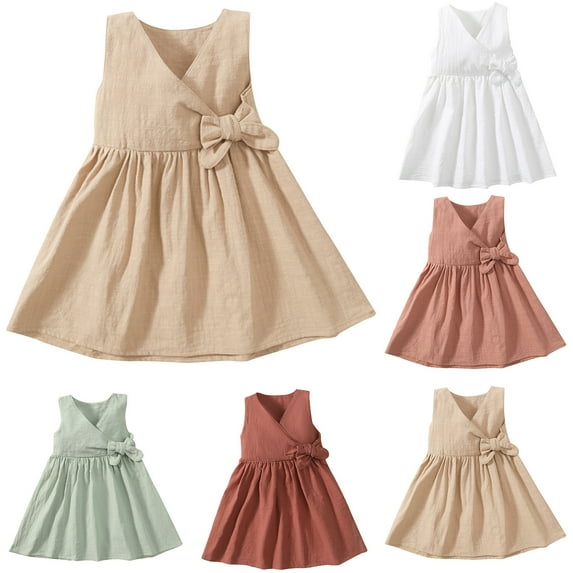 Nrmvnmi Toddler Girl Princess Dress Summer Solid Color V-Neck Sleeveless Linen Cotton Dress Bow Kids Grace Casual Loose Fit Comfortable Dresses Clothes