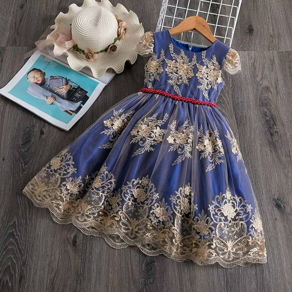 Nrmvnmi Toddler Girls Elegant Tulle Bow Tie Princess Dress Embroidered Lace Floral Print Cotton Dress Crew Neck Sleeveless Retro Style Dress Medieval Court Style Dress For Party