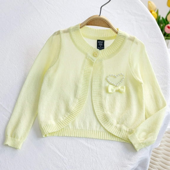 Nrmvnmi Toddler Girls Knit Thin Jacket Love Bow Round Neck Long Sleeved Sweet Solid Color Loose Button Jacket Laced Cardigan Jacket Spring And Autumn Fashion Versatile Cardigan Sweater