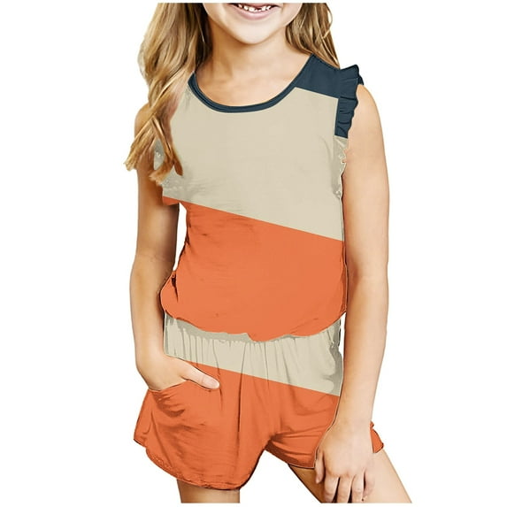 Nrmvnmi Toddler Girls Summer 2 Pcs Outfits Ruffle Sleeve Round Neck Colorblock Tops & Shorts Set Tracksuit Casual Clothes Set