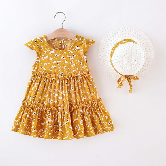 Nrmvnmi Toddler Girls Summer Dress Outfits Flower Print Round Neck Sleeveless Cotton Dress Bow Decor Hat 2 Pcs Set For 2-6 Years