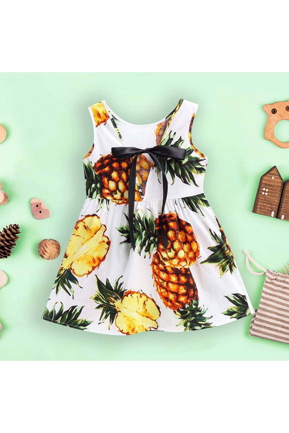 Toddler Girls Summer Seaside Beach Dress Pineapple Print Sleeveless Cotton Sling Dress Size 18 Months-6 Years