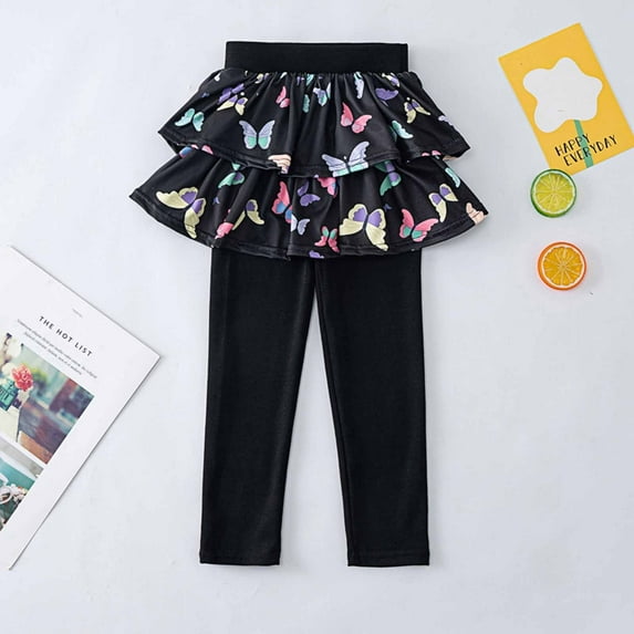 Nrmvnmi Toddler Girls Versatile Leggings Ruffle Skirt Butterfly Print High Waisted Elastic Base For Outerwear And Ankle Length pants School Uniform Pants Loose Casual Kids Clothes