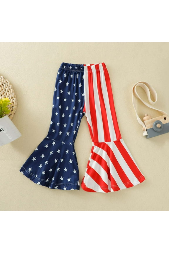 Toddler Kid Baby Girls 4th of July Bell Bottom Stars Striped Cotton Flare Pants Leggings Trousers Ruffle Pant For 6 Months-4 Years