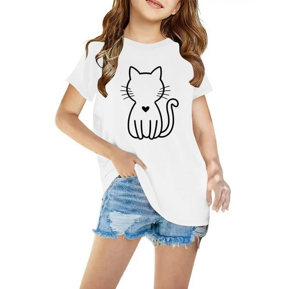 Nrmvnmi Toddler Kids Boys Girls Cotton T-shirt Fashion Cute Round Neck Short Sleeve Cat Print Summer Clothes Tops