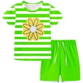 thumbnail image 1 of Nrmvnmi Toddler Kids Summer Casual Outfit Daisy Print Round Neck Short Sleeve Striped T-shirt Tops + Drawstring Shorts 2 Piece Home Clothing Set Sports Set, 1 of 6