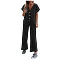 thumbnail image 1 of Nrmvnmi Two Piece Outfits for Women Summer Loose Ribbed Short Sleeve V Neck Button Down Shirt Elastic Waist Wide Leg Pants Knit Matching Lounge Sets Black 2XLMothers Day Gifts, 1 of 8
