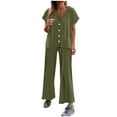 thumbnail image 1 of Nrmvnmi Two Piece Outfits for Women Summer Loose Ribbed Short Sleeve V Neck Button Down Shirt Elastic Waist Wide Leg Pants Knit Matching Lounge Sets Olive Green SMothers Day Gifts, 1 of 8