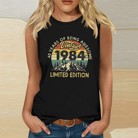 Nrmvnmi Vintage 40 Birthday Decorations Women 40th Big Day 1984 Tee T-Shirt Graphic Prints Sleeveless Tank Top Round Neck Blouse Top Mothers Day Gifts