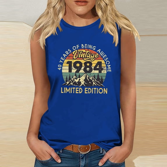 Nrmvnmi Vintage 40 Birthday Decorations Women 40th Big Day 1984 Tee T-Shirt Graphic Prints Sleeveless Tank Top Round Neck Blouse Top Mothers Day Gifts