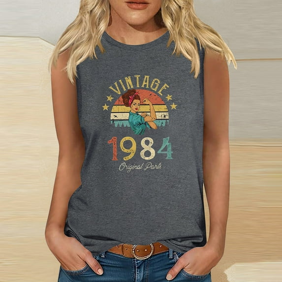 Nrmvnmi Vintage 40 Birthday Decorations Women 40th Big Day 1984 Tee T-Shirt Graphic Prints Sleeveless Tank Top Round Neck Blouse Top Mothers Day Gifts