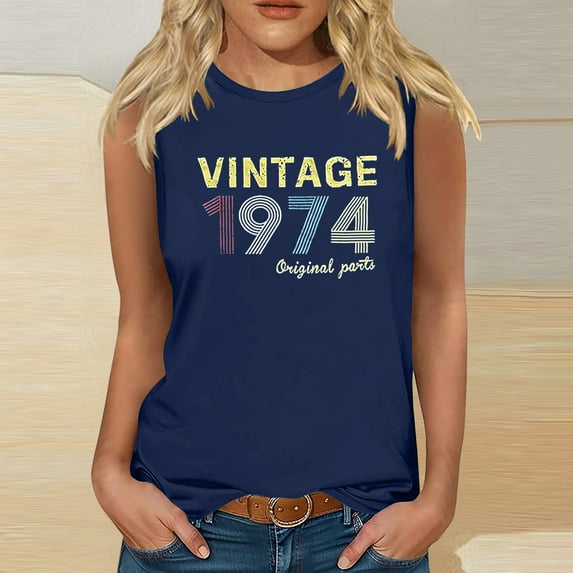 Nrmvnmi Vintage 50 Birthday Decorations Women 50th Big Day 1974 Tee T-Shirt Graphic Prints Sleeveless Tank Top Round Neck Blouse Top Mothers Day Gifts