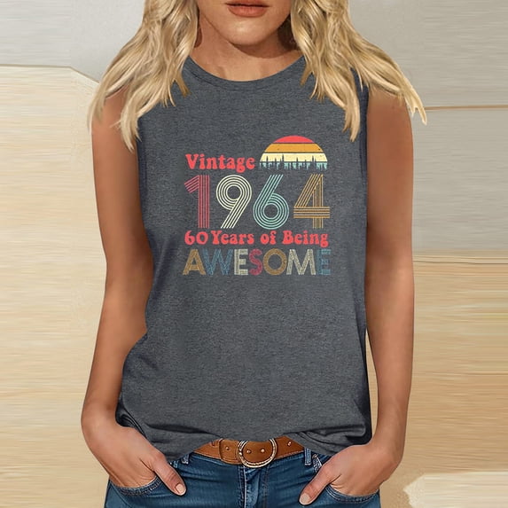 Nrmvnmi Vintage 60 Birthday Decorations Women 60th Big Day 1964 Tee T-Shirt Graphic Prints Sleeveless Tank Top Round Neck Blouse Top Mothers Day Gifts