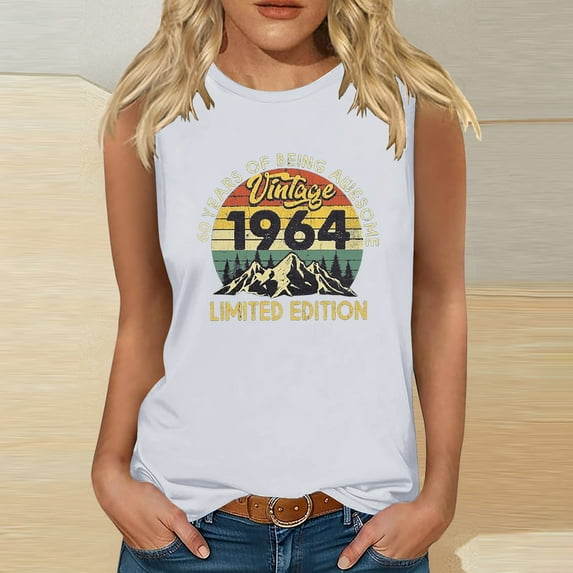 Nrmvnmi Vintage 60 Birthday Decorations Women 60th Big Day 1964 Tee T-Shirt Graphic Prints Sleeveless Tank Top Round Neck Blouse Top Mothers Day Gifts