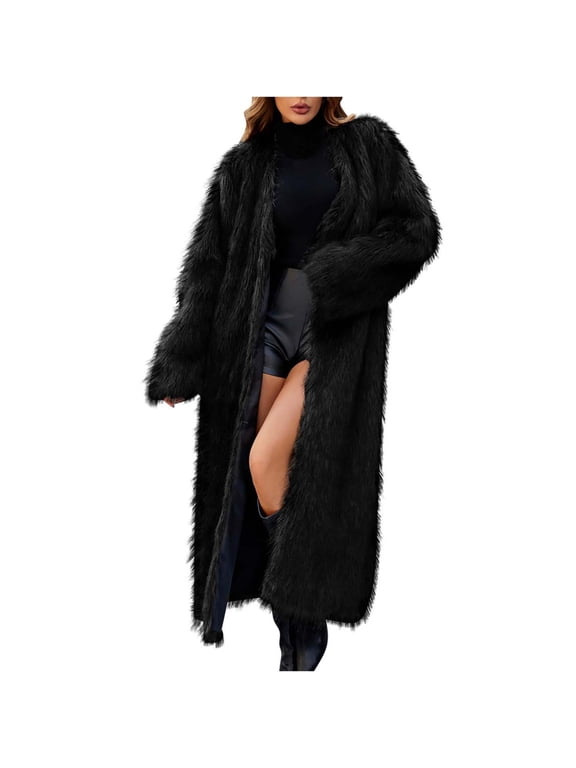 Winter Faux Fur Long Coat for Women Plus Size Warm Cotton Jackets Casual Open Front Long Sleeve Sherpa Outerwear Overcoat Fall Fashion Open Front Long Shaggy Coat Black S