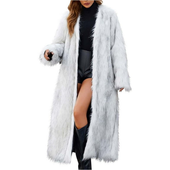 Nrmvnmi Winter Faux Fur Long Coat for Women Plus Size Warm Cotton Jackets Casual Open Front Long Sleeve Sherpa Outerwear Overcoat Fall Fashion Open Front Long Shaggy Coat White 3XL