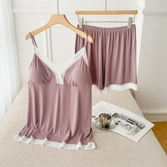 Nrmvnmi Women Cami Pajama Set Solid Color Halter Sleevless Modal Sleepwear Lace Trim Short PJ Set with Shorts