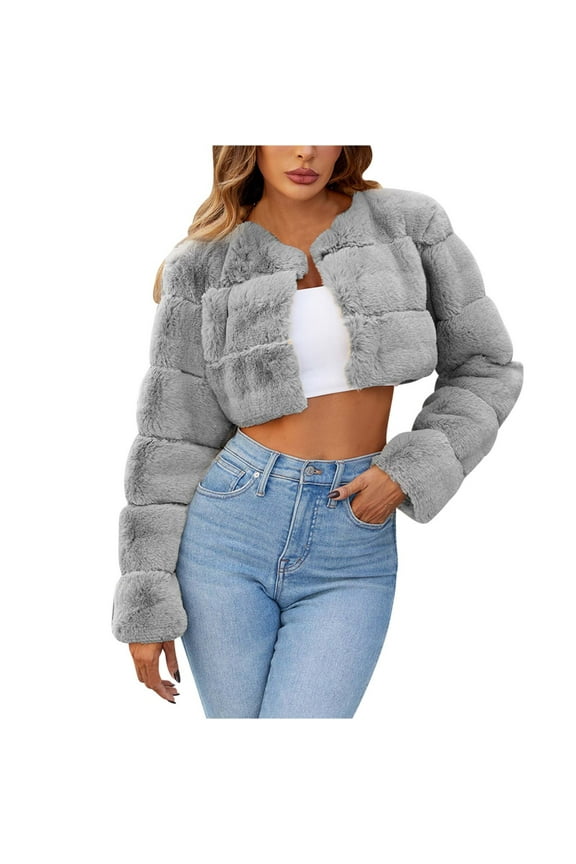 Women Fluffy Faux Fur Coat Cropped Jacket Puffer Jacket Turndown Lape Zip Up Winter Warm Fuzzy Teddy Jacket Gray S