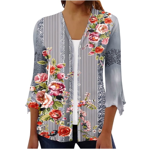 Nrmvnmi Women Open Front Lightweight Cardigan Summer Puff Sleeve Cardigans Fashion Floral Printed Kimono Cardigan Casual Loose Fit Cover Up Blouse Tops