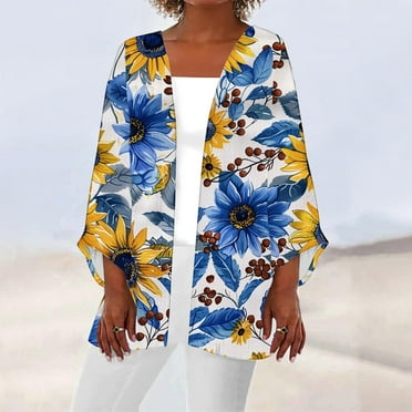 Nrmvnmi Women Open Front Lightweight Cardigan Summer Puff Sleeve Cardigans Fashion Floral Printed Kimono Cardigan Casual Loose Fit Cover Up Blouse Tops