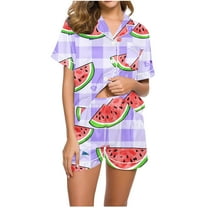 Nrmvnmi Women Pajamas Set Cute Fruits Graphic Prints Sleepwear Sets Shirt Collar Short Sleeved Button Up Plaid Top And Elastic Waisted Shorts Pajamas Suit Comfortable Summer Loungewear
