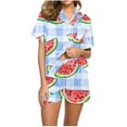 thumbnail image 1 of Nrmvnmi Women Pajamas Set Cute Fruits Graphic Prints Sleepwear Sets Shirt Collar Short Sleeved Button Up Plaid Top And Elastic Waisted Shorts Pajamas Suit Comfortable Summer Loungewear, 1 of 1